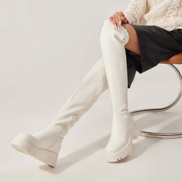 Lug Sole Over The Knee Boots - WHITE-PU - 3
